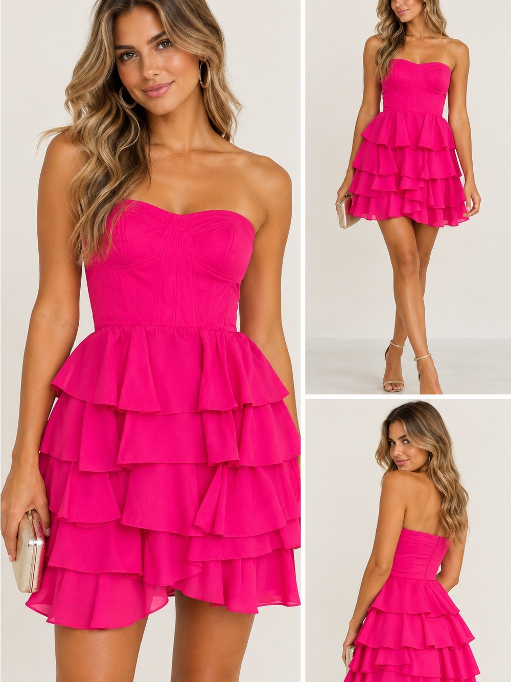 Rebecca Taylor Strapless Tiered Ruffle Mini Dress in Fuchsia